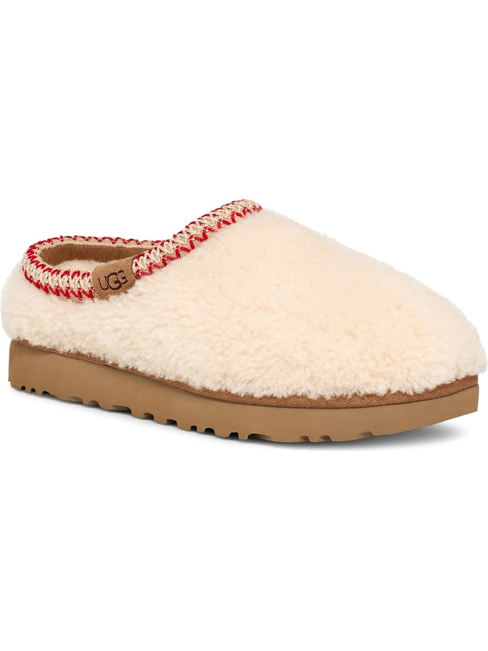 UGG Tazman Maxi Curly Cream Shearling Slip-On Clog with Red Trim